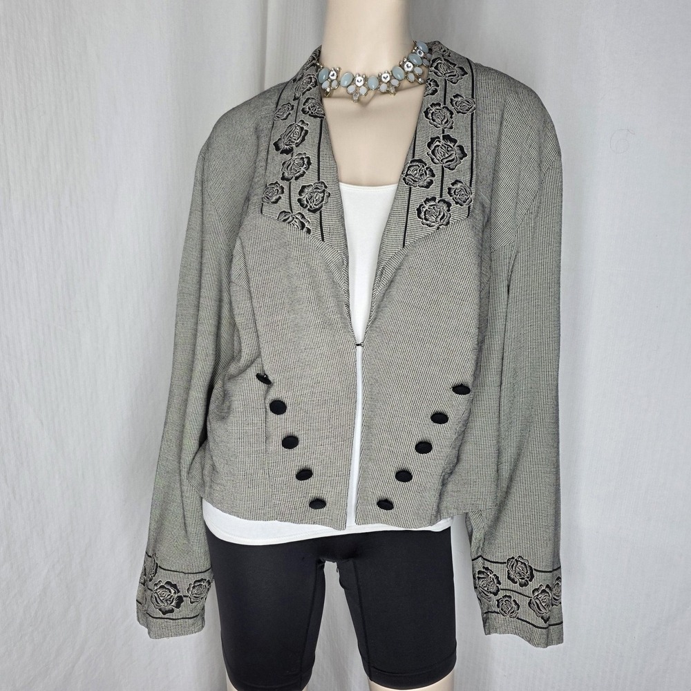 Vtg Scarlett M Jacket Womens Plus 24 Houndstooth Gray Embroidered Floral Buttons